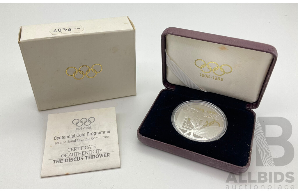 International Olympic Committee 1896-1996 Centennial 100 Francs Silver Proof Coin - France Discus Thrower .925