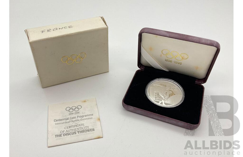 International Olympic Committee 1896-1996 Centennial 100 Francs Silver Proof Coin - France, Discus Thrower .925