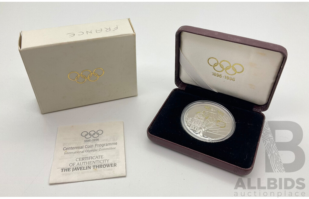 International Olympic Committee 1896-1996 Centennial 100 Francs Silver Proof Coin - France, Javelin Thrower .925