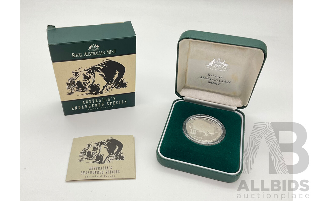 Australian RAM 1998 Ten Dollar Standard Proof Coin .925 Silver - Hairy-Nosed Wombat, Australia's Endangered Species