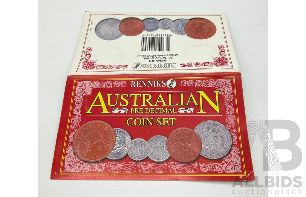 Renniks Predecimal Coin Set, 1956 Florin, 1962 Shilling, 1960 Sixpence, 1963 Threepence, 1959 Penny, 1949 Half Penny