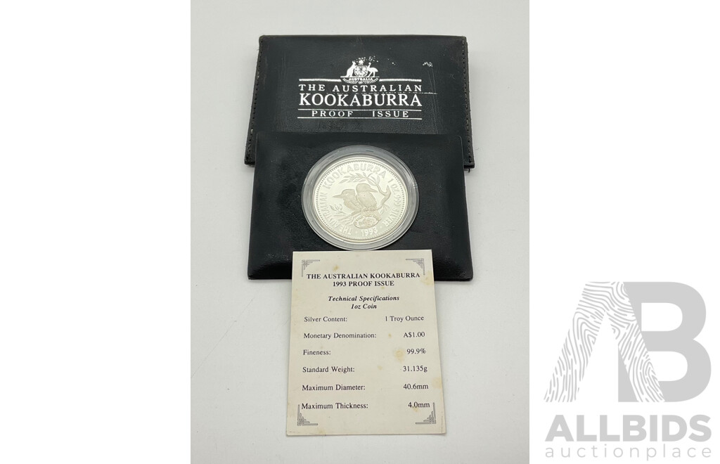 Australian Perth Mint 1993 One Dollar Silver Proof Coin, Kookaburra .999