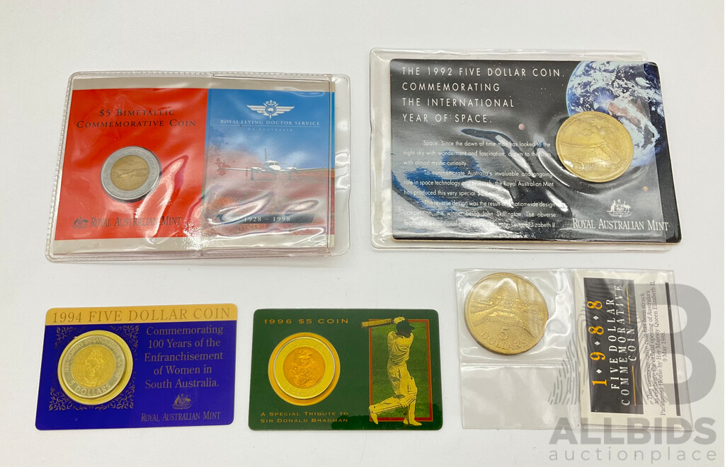 Collection of Australian RAM Five Dollar Commemorative Coins Including 1998 Bimetallic Flying Doctors, 1992 Year of Space, 1994 Woman Enfranchisement, 1996 Bradman, 1988 Parliament House