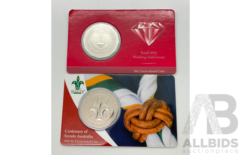 Australian RAM Commemorative Fifty Cent Coins, 2007 60th Royal Wedding and 2008 Centenary of Scouts
