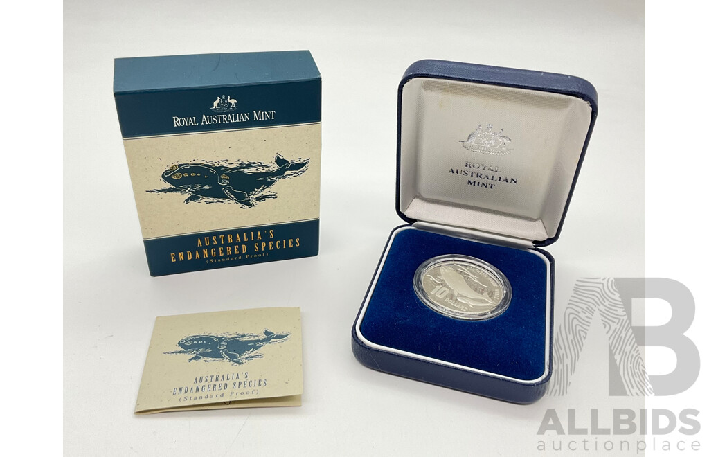 Australian RAM 1996 Ten Dollar Standard Proof Coin .925 Silver - Southern Right Whale, Australia's Endangered Species