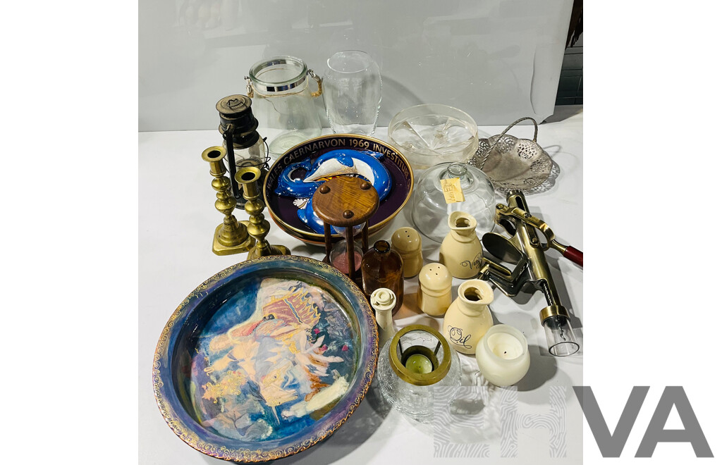 Collection of Glass and Other Homeware Including Commemorative Prince Charles Tin, Interesting Vintage Bottle Opener and More