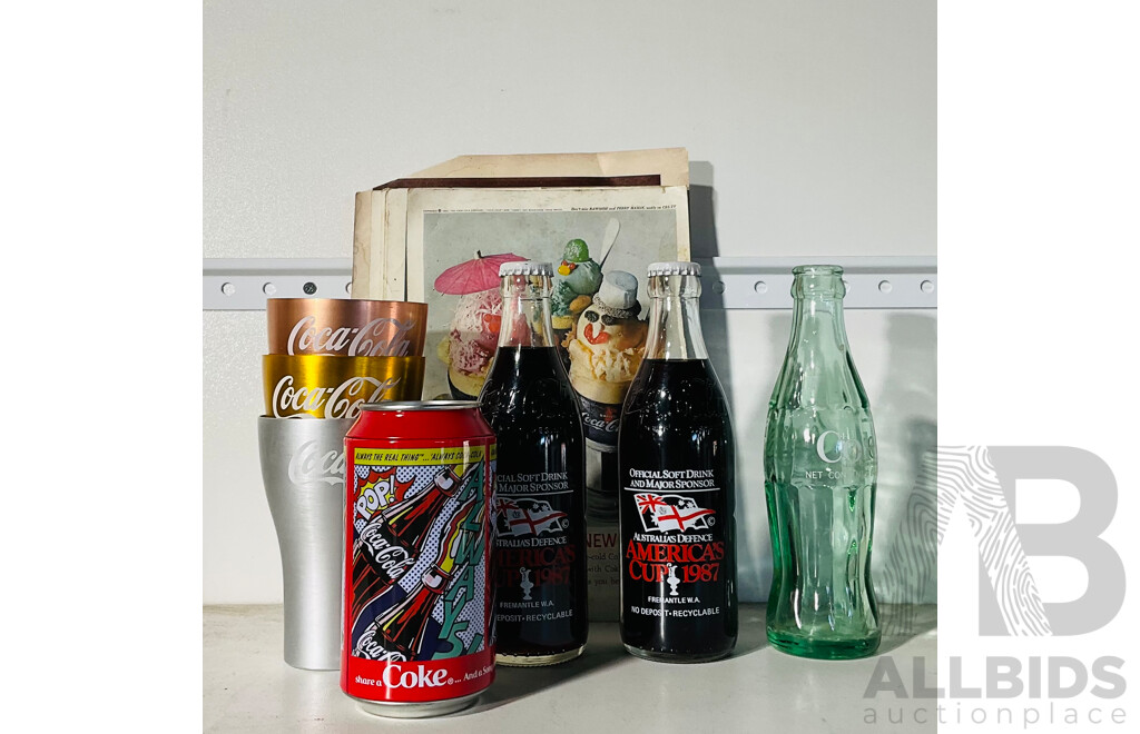 Collection of Coca-cola Memorabilia Including Two Seemingly Unopened Bottles From 1987