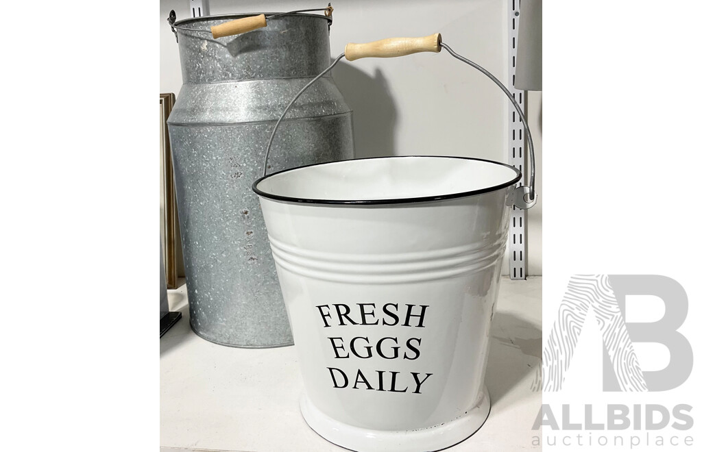 Metal Milk Cannister and Enamelled Eggs Bucket