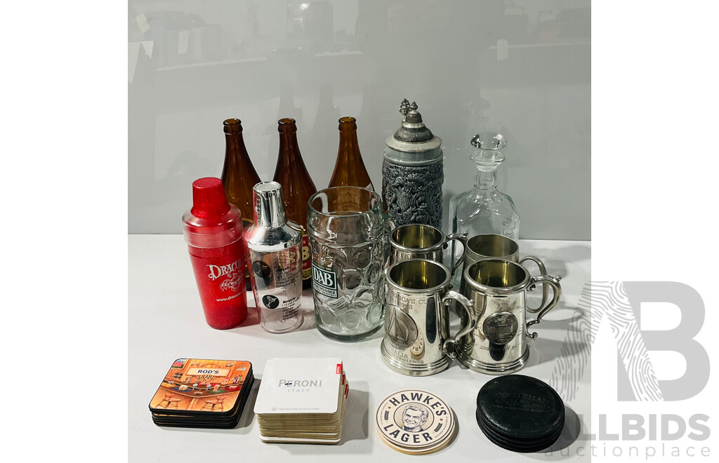 Collection of Vintage Glass Bottles, Tankards, Beer Mugs and More