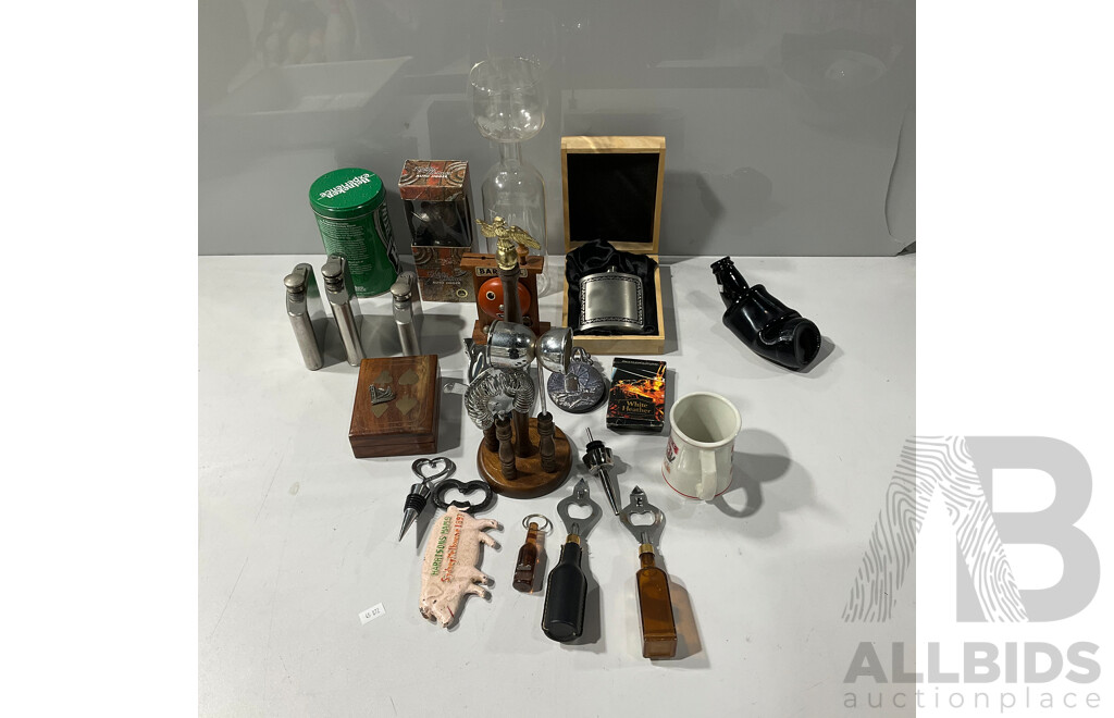 Collection of Vintage and Themed Alcohol Related Memorabilia Including Bottle Openers, Hip Flasks, Novelty Glasses and Much More