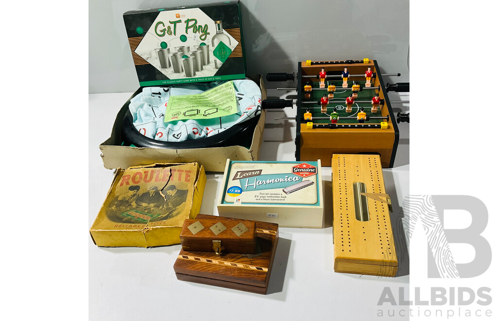 Collection of Vintage Games Including Dominoes, Mini Foosball Set, Mini Roulette Set and More