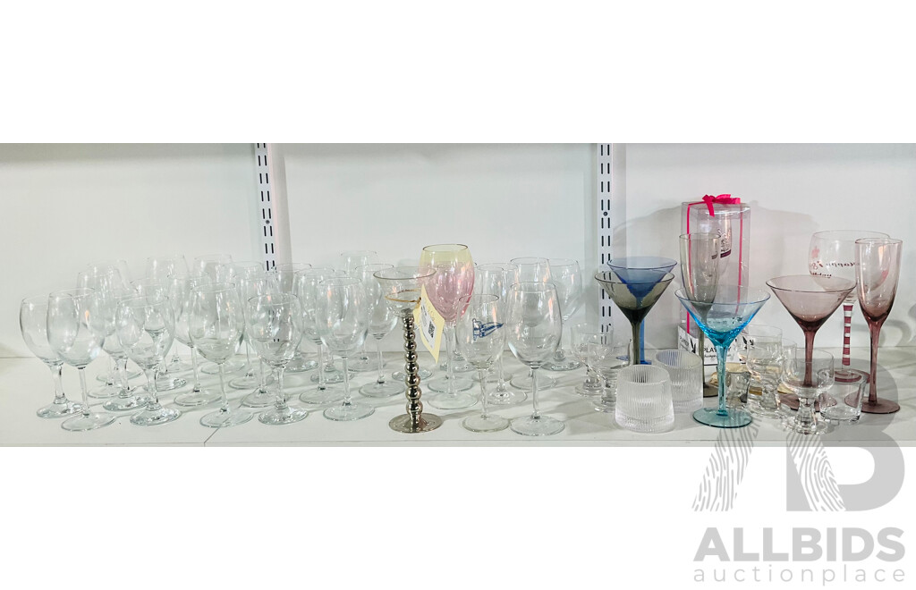 Collection of Glassware Including Retro Coloured Martini Glasses, Playboy Champagne Glass and More