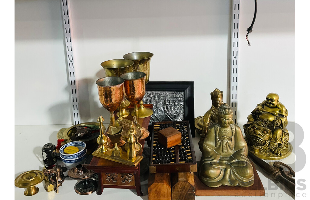 Large Collection of Asian Souvenir Ware Including Metal Cups, Statues, and Much More