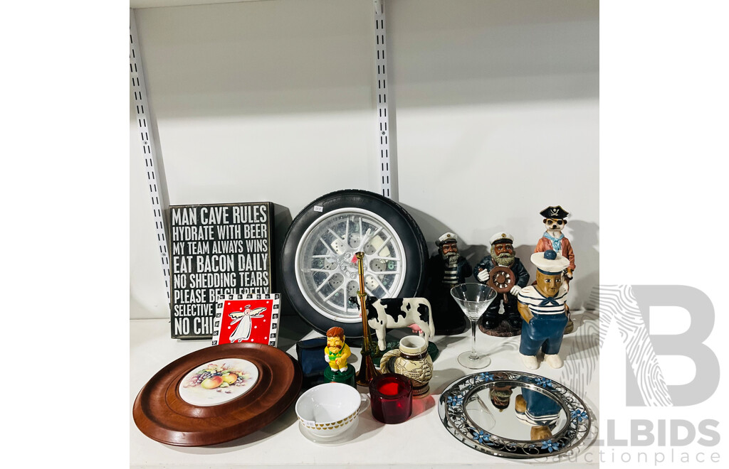 Collection of Unique Household Decorations Including Themed Clock, Sailor Figures, and More