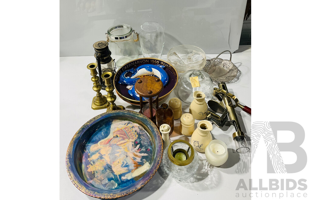 Collection of Glass and Other Homeware Including Commemorative Prince Charles Tin, Interesting Vintage Bottle Opener and More