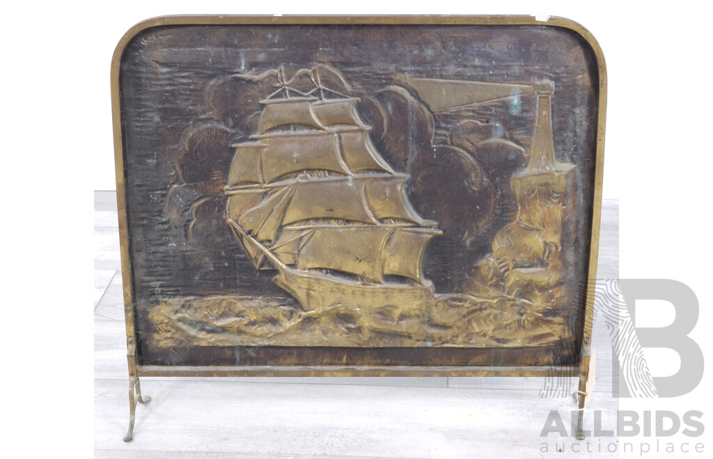 Vintage Pressed Metal Fire Screen with Ship