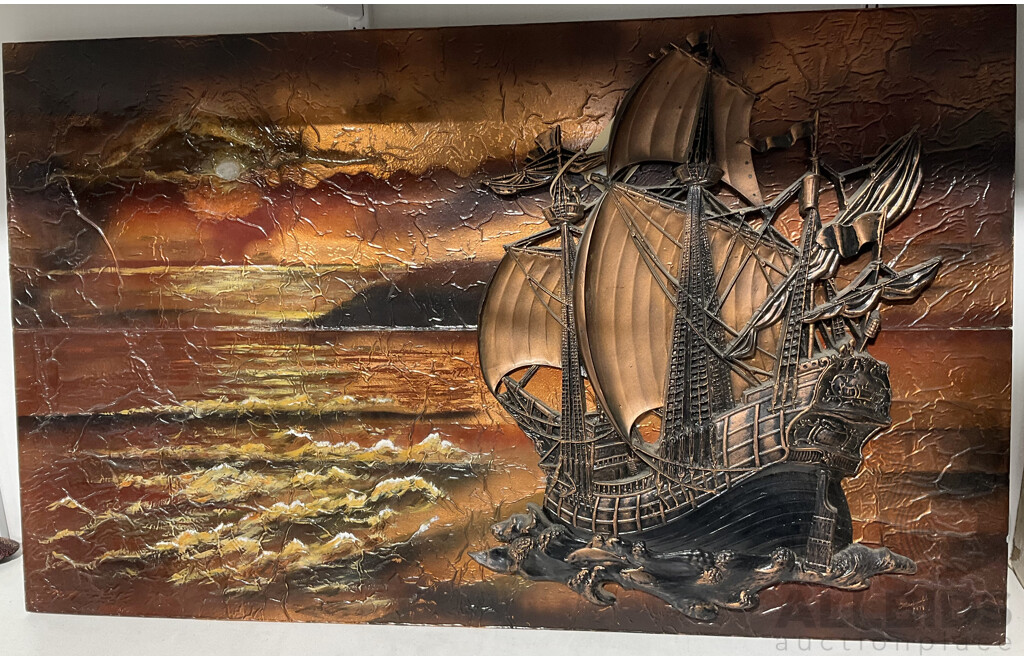 Retro Copper Art of a Galleon Ship