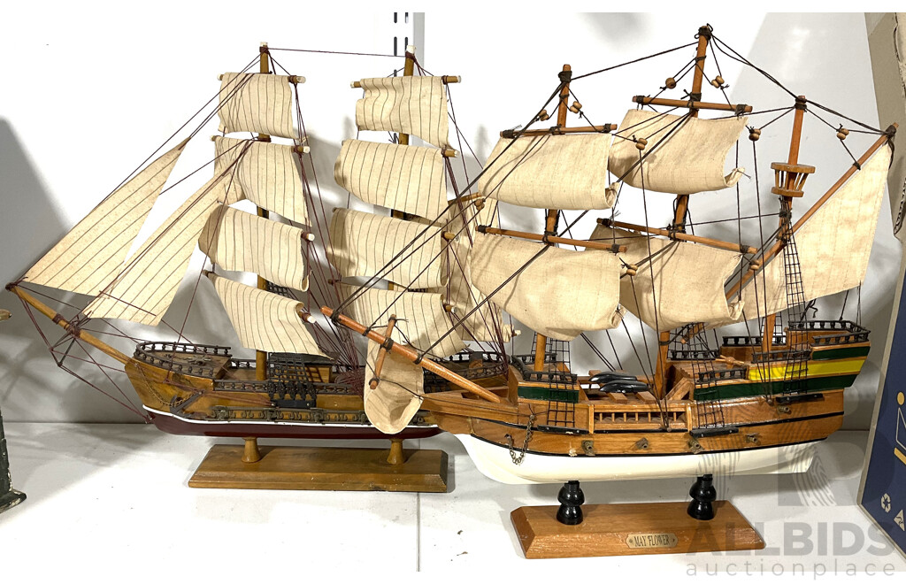 Two Timber Model Ships Including One Labelled 'Mayflower'