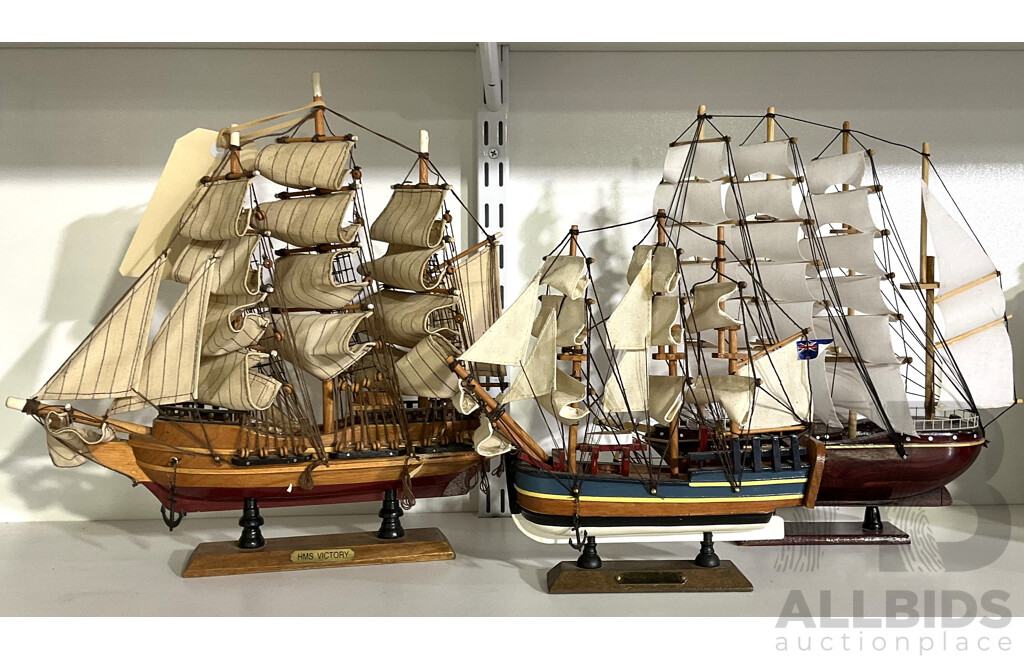 Three Small Timber Ship Models Including HMS Victory and HMS Endeavor