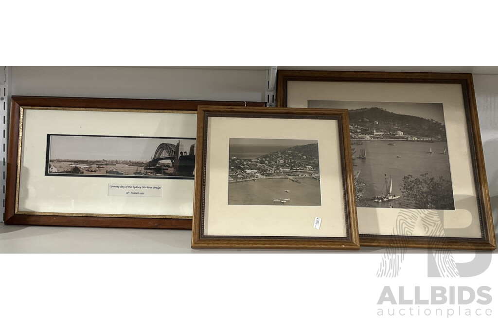 Three Framed Sepia Photographs of the Sydney Harbour Bridge and Port Moresby