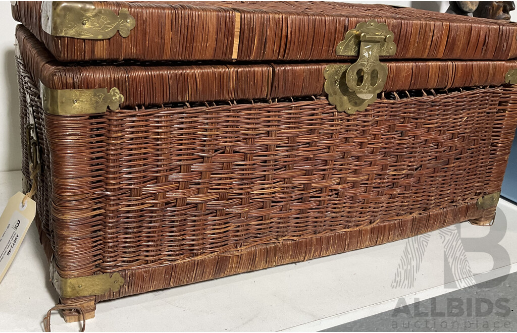 Vintage Woven Cane Storage Basket with Brass Corners