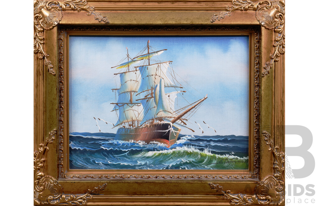 Decorative Painting of a Tall Ship at Sea, Acrylic on Card