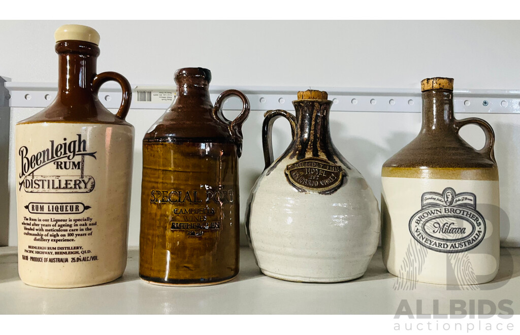 Collection of Eight Ceramic Port or Wine Carafes Including Drayton’s Matured Tawny 70th Anniversary Port, Pearsons of Chesterfield and More