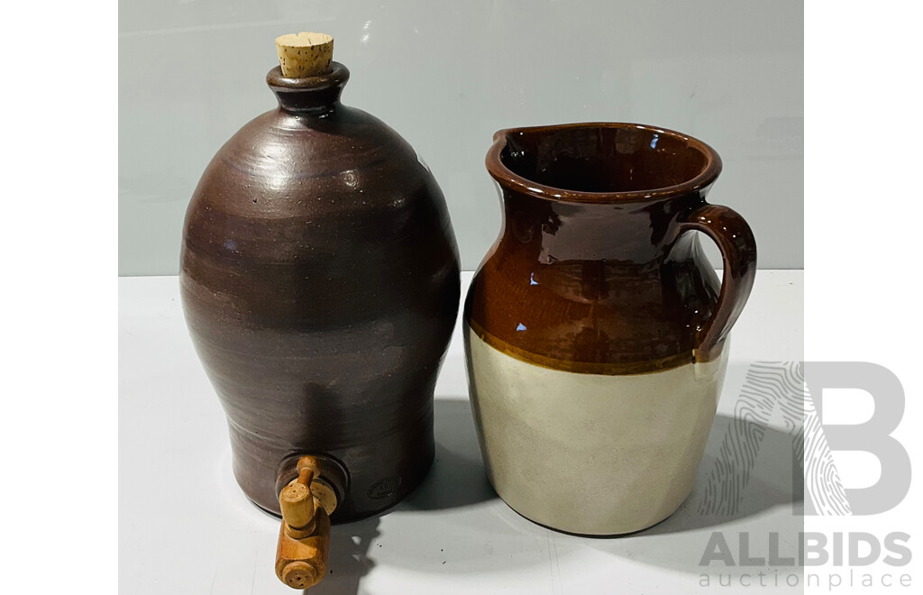 Vintage Bendigo Pottery AG Epsom Wine Barrel Alongside a Glazed Jug