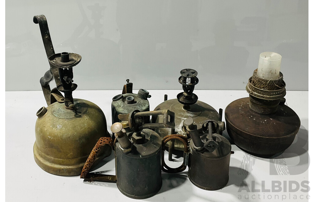 Collection of Vintage Brass Blow Lamps - Including Primus Sweden and the British Optimus Nobel 2 Blowlamp & the Kings Norton Metal Company, Birmingham and a Paraffin Pressure Stove Base and More