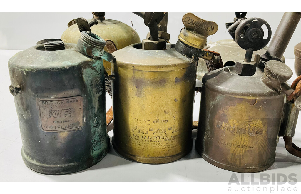 Collection of Vintage Brass Blow Lamps - Including Primus Sweden and the British Optimus Nobel 2 Blowlamp & the Kings Norton Metal Company, Birmingham and a Paraffin Pressure Stove Base and More
