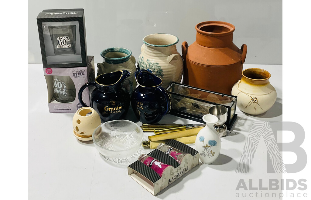Collection of Decorative Homewares Including Playboy Shot Glass Set in Box, Pottery Urn No Lid and More