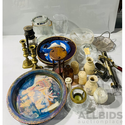 Collection of Glass and Other Homeware Including Commemorative Prince Charles Tin, Interesting Vintage Bottle Opener and More