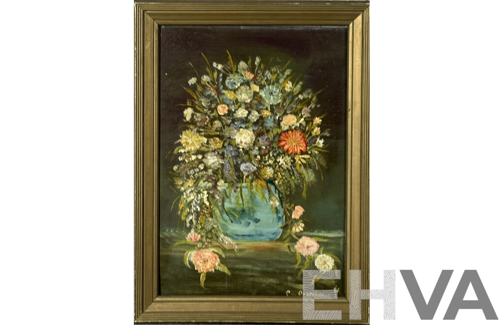 G Von Oosterhout, Still Life Blue Vase of Flowers, Oil on Canvas Board, 85 x 62 cm (frame)