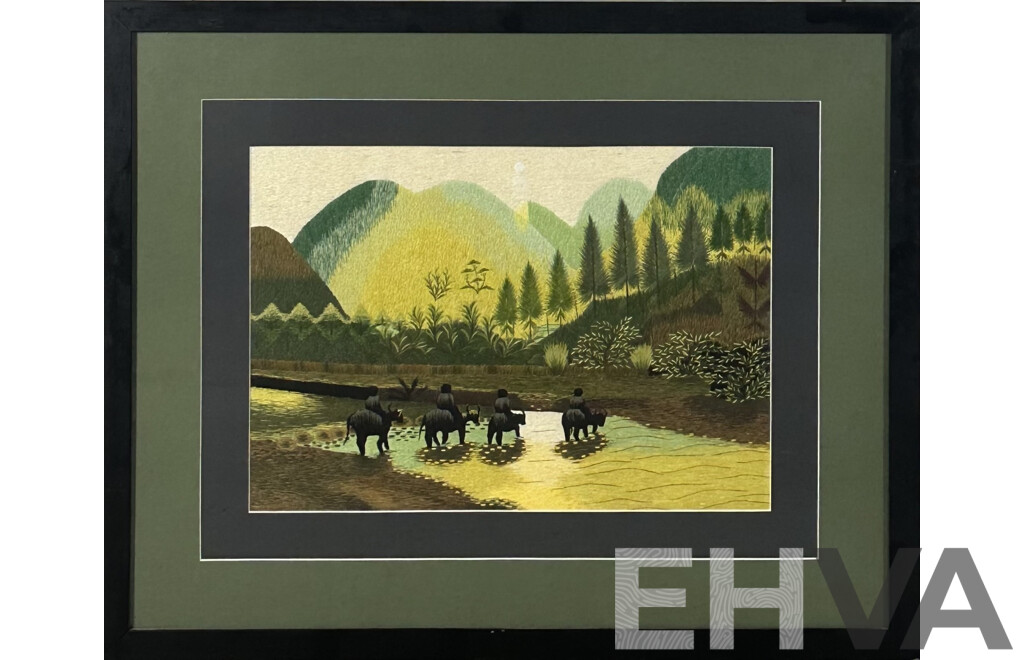 Artist Unknown, Crossing The River,  Framed Long Stitch Embroidery, 63 x 77.5 cm (frame)