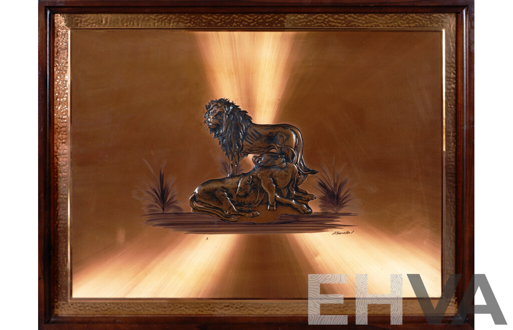 Dennis Thomson, (20th Century, African), Lion, Framed Vintage Copper Relief, 73 x 96 cm (frame)