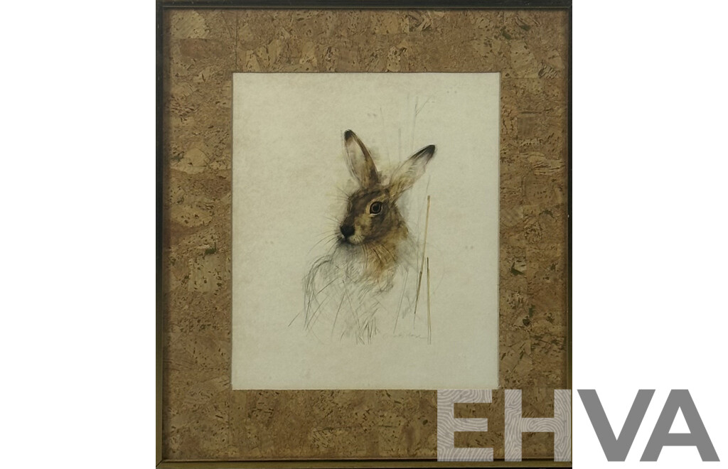 Mads Stage, (20th Century, Danish, 1922-2004), Portrait of a Hare, Good Reproduction Print of Original Pencil and Watercolour, 44 x 39 cm (frame)