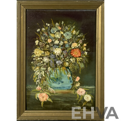 G Von Oosterhout, Still Life Blue Vase of Flowers, Oil on Canvas Board, 85 x 62 cm (frame)