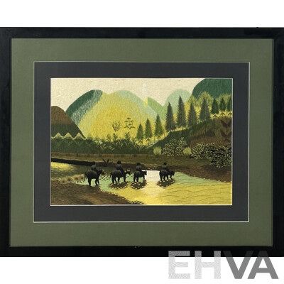 Artist Unknown, Crossing The River,  Framed Long Stitch Embroidery, 63 x 77.5 cm (frame)