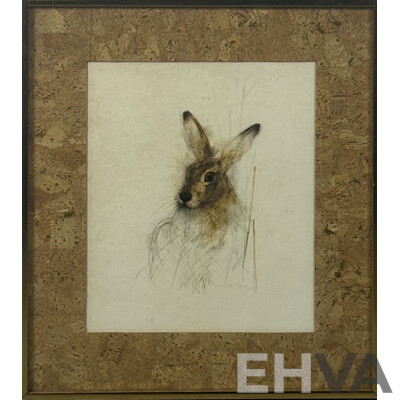 Mads Stage, (20th Century, Danish, 1922-2004), Portrait of a Hare, Good Reproduction Print of Original Pencil and Watercolour, 44 x 39 cm (frame)