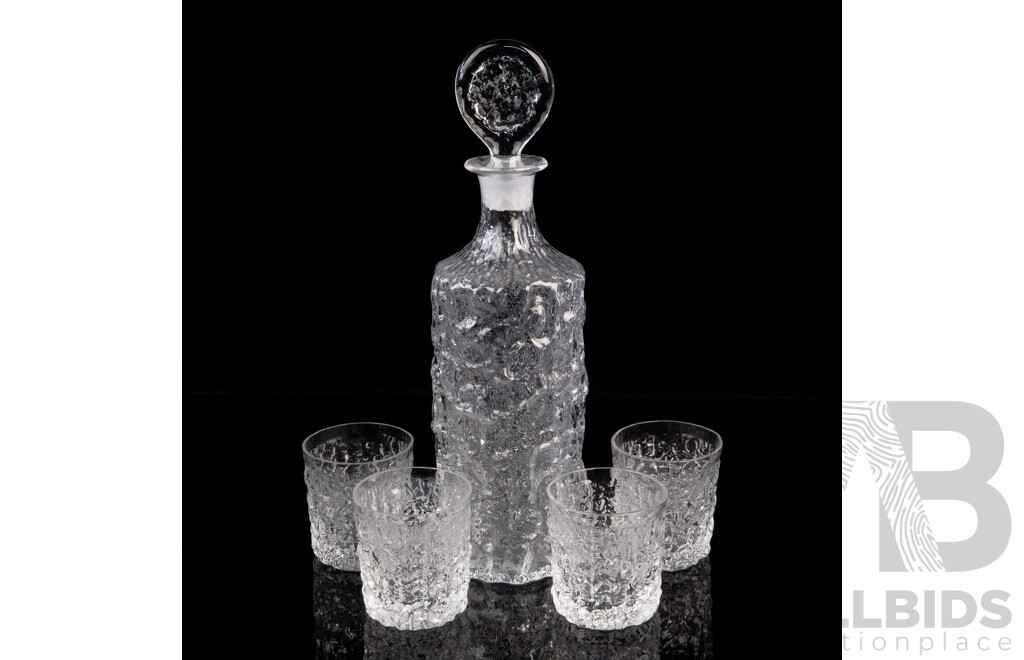 Vintage Whitefriars Glacier Decanter with Stopper and Four Matching Tumblers by Geoffrey Baxter