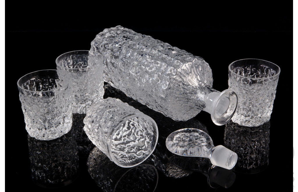 Vintage Whitefriars Glacier Decanter with Stopper and Four Matching Tumblers by Geoffrey Baxter