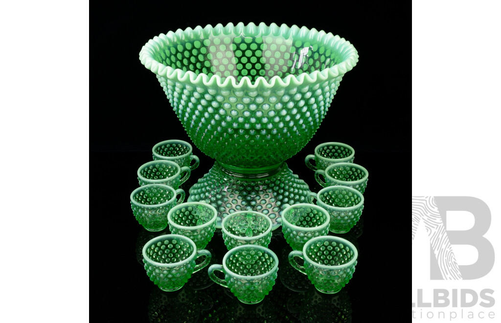 Large Fenton Hobnail Uranium Glass Punch Bowl with 12 Cups