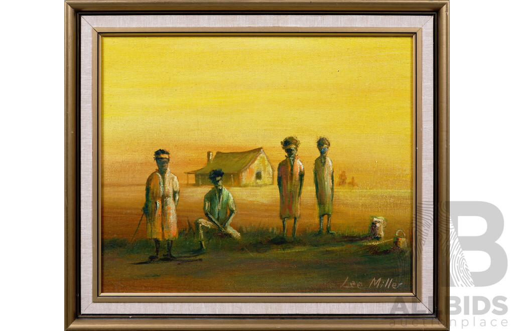 Lee Miller, (20th Century, Australia), Indigenous Family Outside in Morning Light, Oil on Canvas Board, 33 X 40 cm