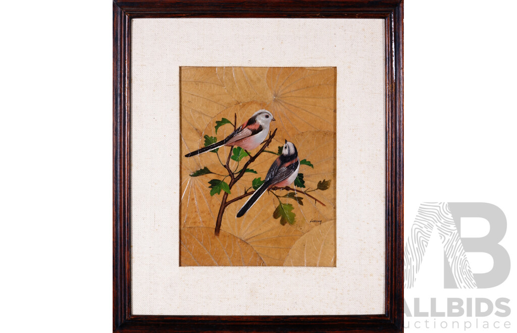 Narong, (20th Century, Thai, Working 1970s), Long Tailed Titmice, Oil on Leaves on Board, 41 X 35.5 cm (frame)