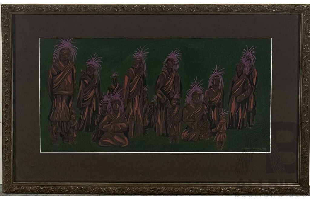 Jenni Bruce, Yamuna, (Contemporary), Indigenous Tribal Family, 1998, Coloured Ink on Card, 42.5 X 64.5 Cm (frame)