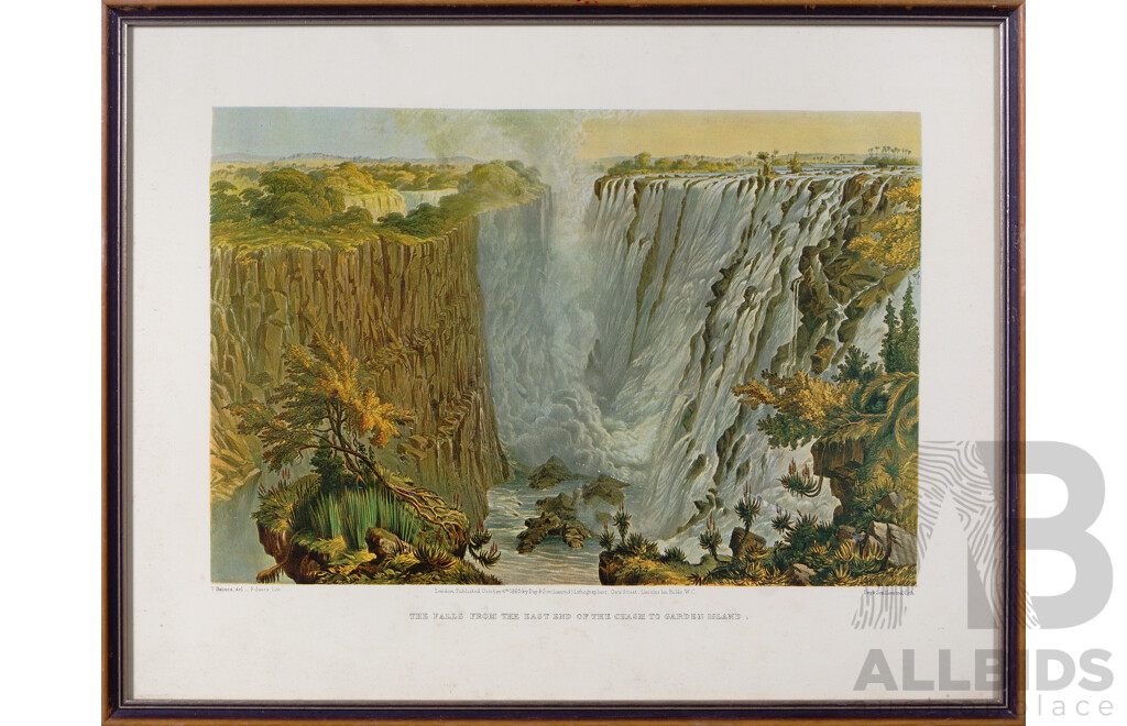 Thomas Baines, (19th Century, British-South African,1820-1875), The Falls From the East End of the Chasm to Garden Island and Herd of Buffaloes to the Edge of the Chasm, Reproduction of Original Limited Lithograph, 42^x 53 cm (larger Frame) (2)