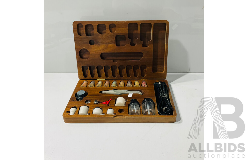 Vintage Aztek Airbrush Set Including Several Nozzle Sizes, Paint Receptacles, Protective Wooden Case and More