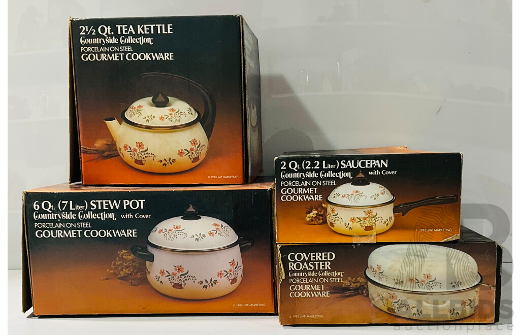 Collection of Vintage Countryside Collection Porcelain on Steel Gourmet Cookware Including Kettle, 2.2L Saucepan and More, All in Original Packaging