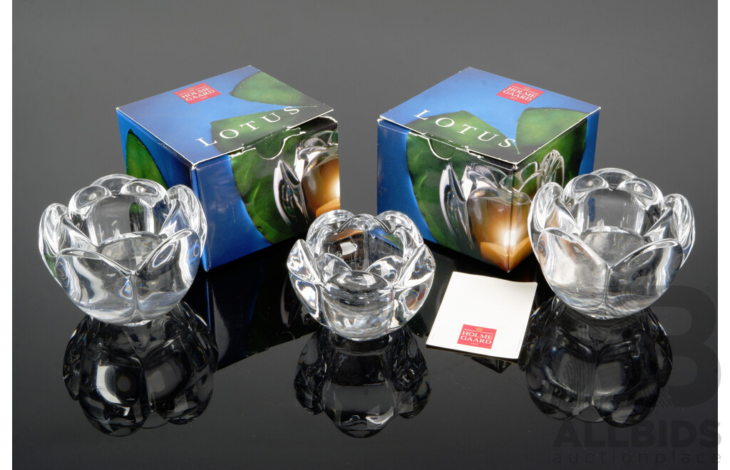 Pair Mid Century Holmegaard Lotus Crystal Votives in Original Boxes Along with Smaller Example