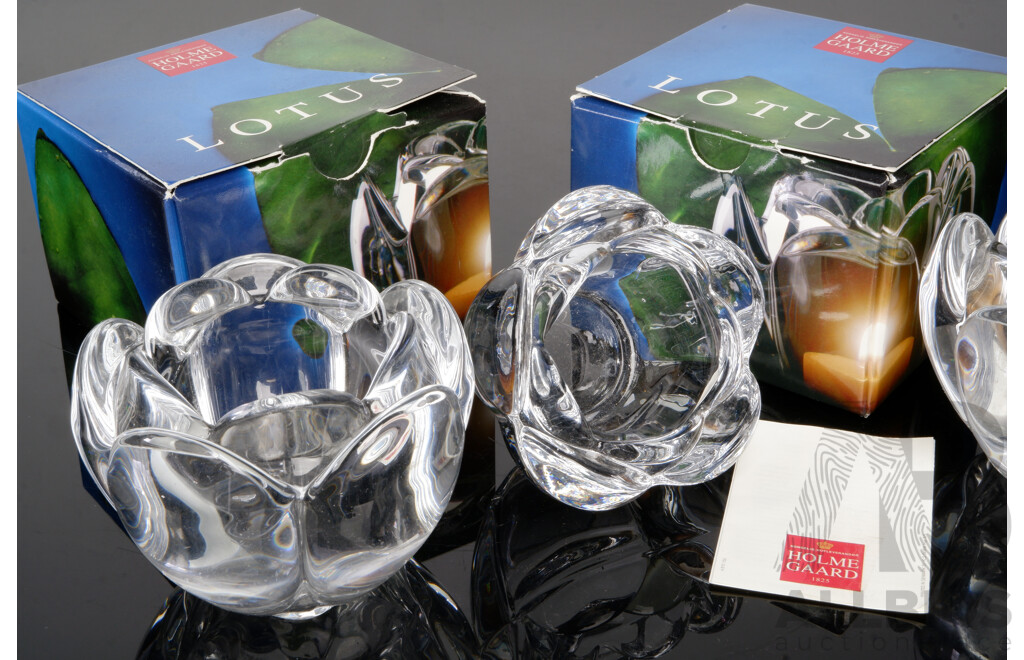 Pair Mid Century Holmegaard Lotus Crystal Votives in Original Boxes Along with Smaller Example